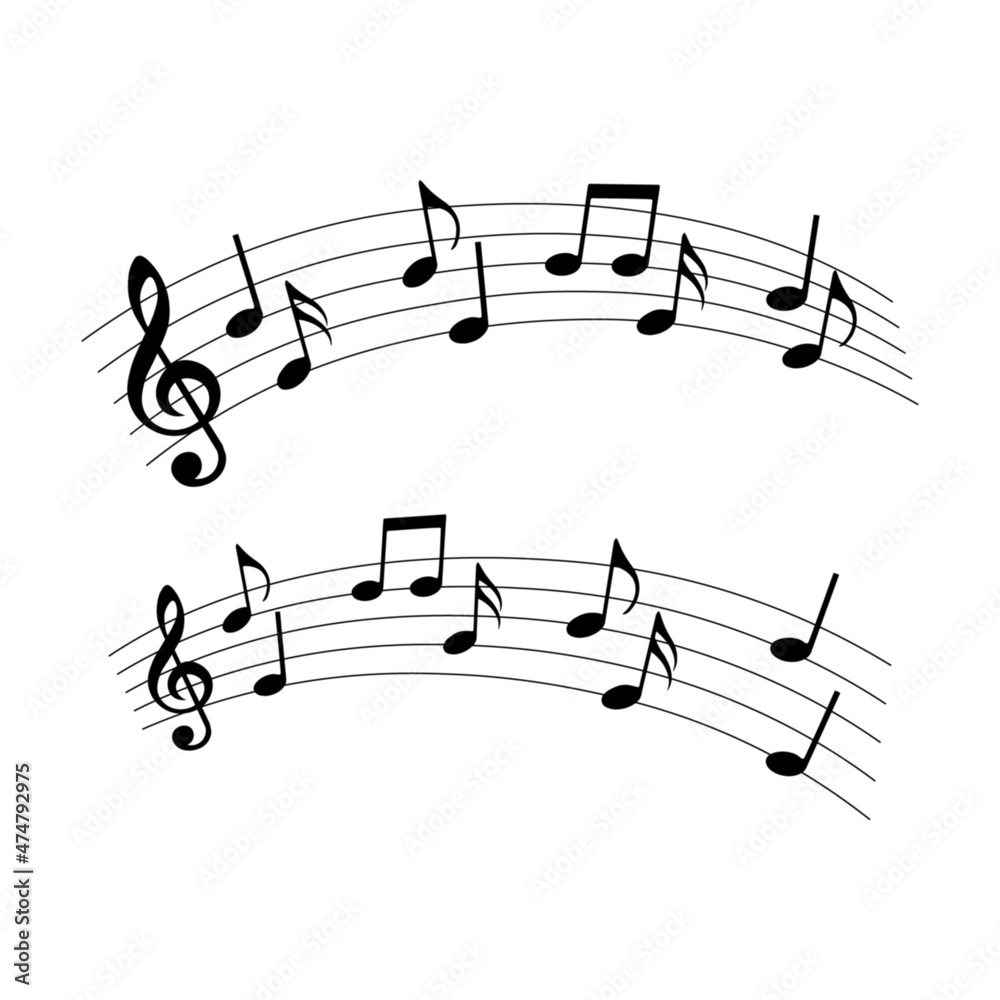 Set of music notes on staves, isolated on white background, vector illustration. Set of music notes on staves, isolated on white background, vector illustration.