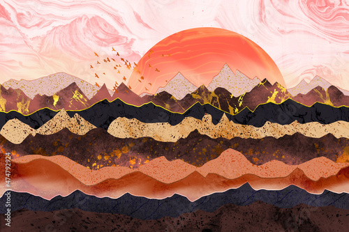 Obraz na płótnie Dreamy Mountains Landscape by Red Sunset w salonie