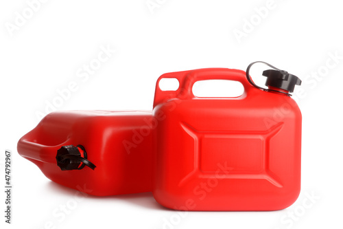 Plastic jerrycans on white background