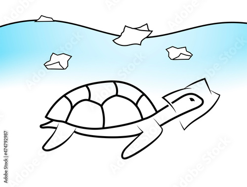 Turtle with a plastic bag. Vector illustration. Ready for use. EPS10.