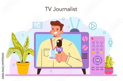 TV presenter concept. Television host in a studio doing an entertaining show