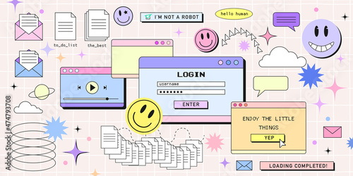 Retro browser computer window in 90s vaporwave style with smile face hipster stickers. Retrowave pc desktop with message boxes and popup user interface elements, Vector illustration of UI and UX photo
