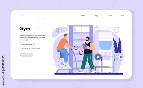 Fitness trainer web banner or landing page. Workout in the gym