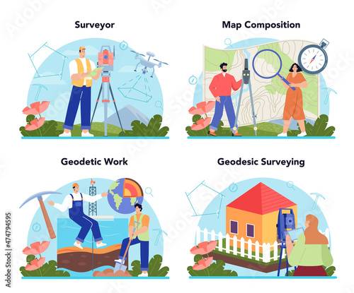 Surveyor concept set. Land surveying technology, geodesy science.