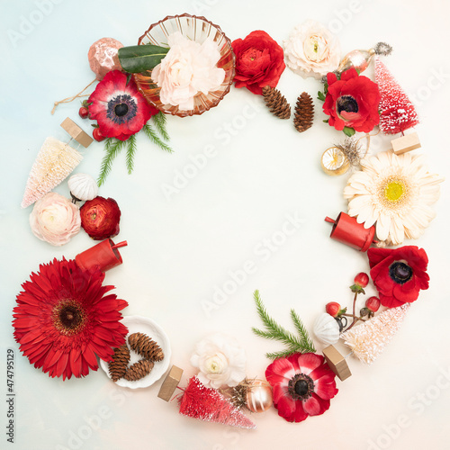 Holiday flower flat lay wreath with fresh flowers
