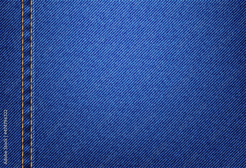 Jeans denim texture pattern background, vector blue apparel fabric closeup pattern. Cloth of jeans cotton or denim canvas material with yellow thread stitches on pants of jacket pocket, textile