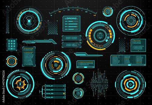 HUD touch user interface, futuristic circular panels or bars and text boxes. HUD UI vector screen with equalizer scales and smart controls, digital touchscreen or dashboard display technology