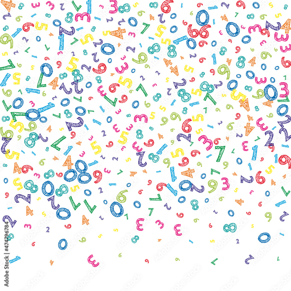 Falling colorful messy numbers. Math study concept with flying digits. Gorgeous back to school mathematics banner on white background. Falling numbers vector illustration.