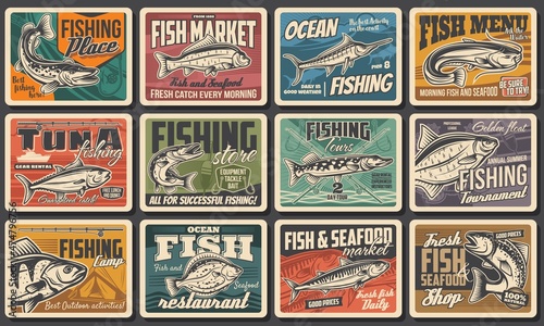 Fishing, fish catch tournament and fisher tours, vector retro posters. Fish and seafood restaurant, fishery market and fisherman equipment rods, tackles and lures ocean tuna, sea trout and river pike