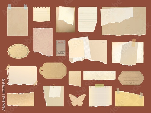 Scrapbook vintage torn paper, labels, notes and stickers, tags and tickets. Vector cards, retro memo notice, message and notebook scraps, notepaper and notepad sheets with grunge texture and frames