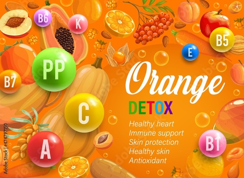 Orange day of color rainbow diet for detox program, vector healthy food. Organic nutrition vitamins and multivitamins benefits of orange diet antioxidants for health and immune support