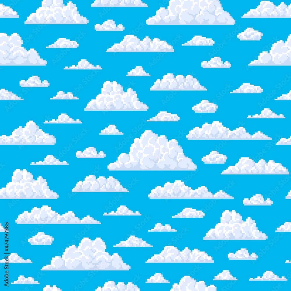 Seamless pattern, white pixel fluffy bubble clouds on blue sky, vector background. Cartoon 8 bit game clouds for game UI levels, cloudscape with cloudy sky for pixel art of computer 8bit animation Seamless pattern, white pixel fluffy bubble clouds on blue sky, vector background. Cartoon 8 bit game clouds for game UI levels, cloudscape with cloudy sky for pixel art of computer 8bit animation