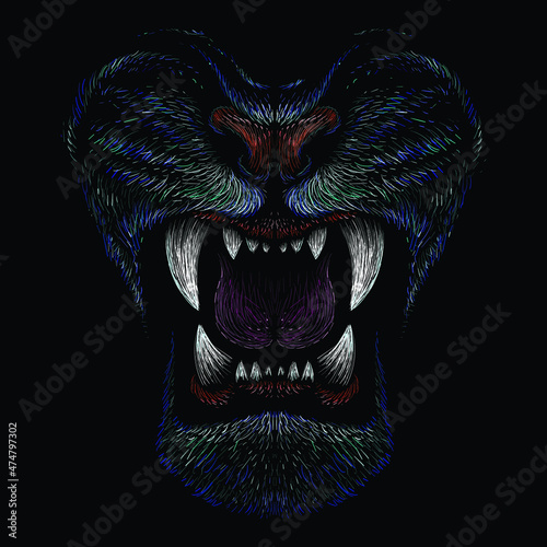 The Vector logo tiger for tattoo or T-shirt design or outwear.  Hunting style big cat 2022 print on black background. This hand drawing is for black fabric or canvas.