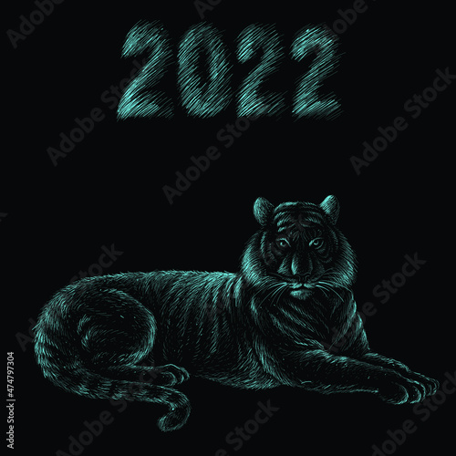 The Vector logo tiger for tattoo or T-shirt design or outwear.  Hunting style big cat 2022 print on black background. This hand drawing is for black fabric or canvas.