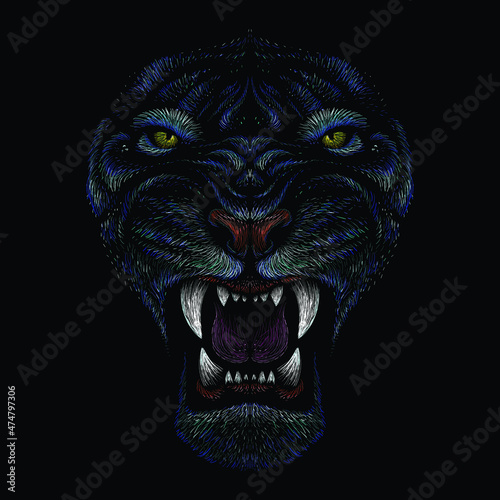 The Vector logo tiger for tattoo or T-shirt design or outwear.  Hunting style big cat 2022 print on black background. This hand drawing is for black fabric or canvas.