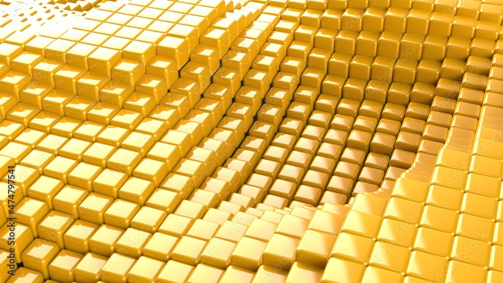 Naklejka premium Abstract background with waves made of a lot of yellow cubes geometry primitive forms that goes up and down under black-white lighting. 3D illustration. 3D CG. High resolution.
