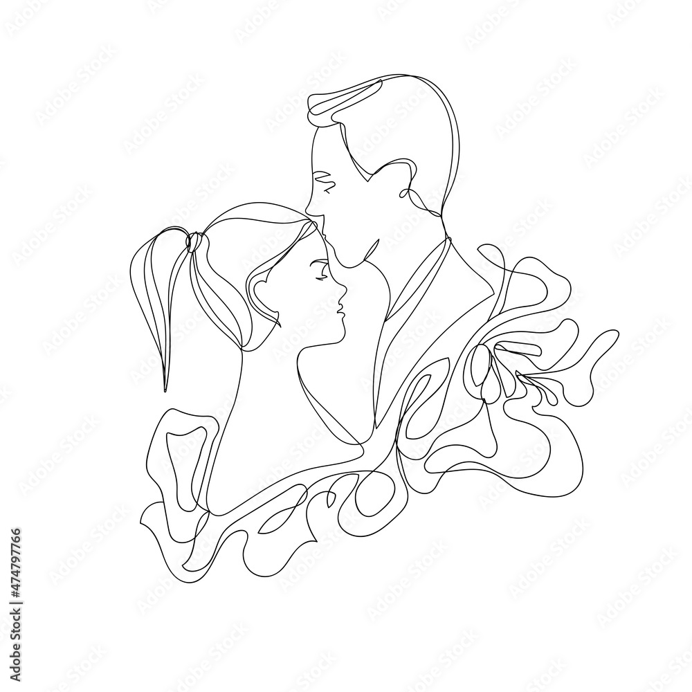 Minimalistic outline portrait of young couple man and woman in contour style on white background. Guy kissing girlfriend,hand drawing.Vector illustration 