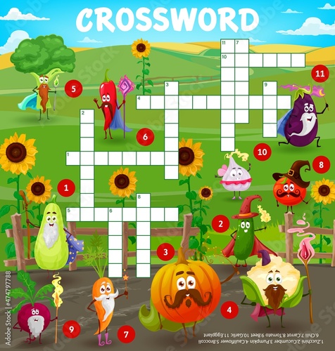 Cartoon farm vegetable wizards and sorcerers  crossword puzzle vector game grid. Find a word education quiz worksheet with cute carrot  tomato  broccoli and garlic  pepper and zucchini characters
