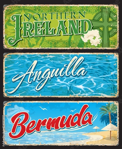 Northern Ireland, Anguilla and Bermuda british regions plates, vector tin signs. UK provinces or Britain lands welcome metal plates with landmarks, region maps and crest emblems of Irish castles