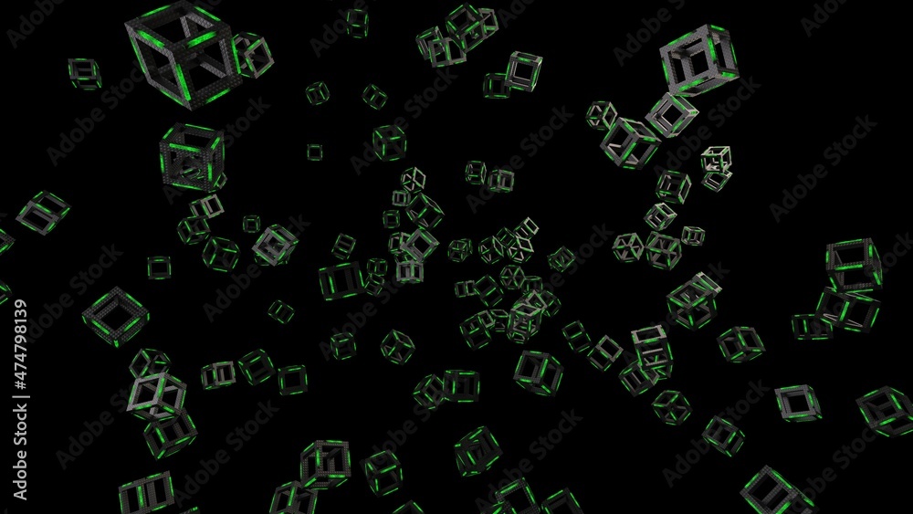 Green illuminated carbon fiber reinforced cube under black background. Block chain network technology concept illustration. 3D illustration. 3D CG. 3D high quality rendering. Green illuminated carbon fiber reinforced cube under black background. Block chain network technology concept illustration. 3D illustration. 3D CG. 3D high quality rendering.