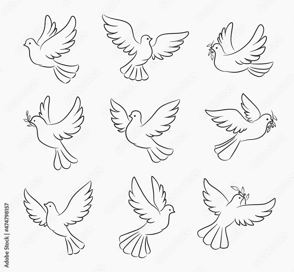 Christmas dove and pigeon bird vector silhouettes of Xmas tree decorations. Christian religion symbols of peace, hope and love, doves flying with olive branches and spread wings, isolated background - obrazy, fototapety, plakaty 