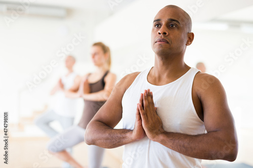 Fitness, sport and healthy lifestyle concept - group of people doing yoga at studio