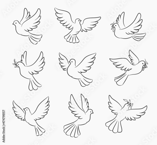 Tela Christmas dove and pigeon bird vector silhouettes of Xmas tree decorations