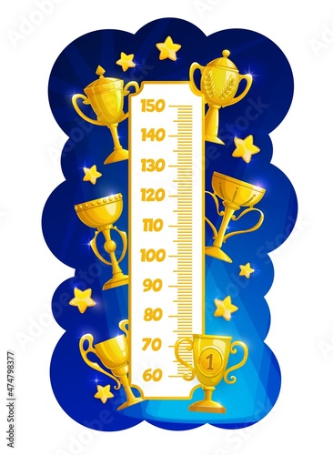 Kids height chart ruler with golden trophy cups and prizes, vector measure meter height scale with victory cups or champion goblets with golden stars and championship wreath