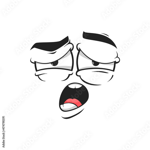 Cartoon yawning face vector tired emoji with open mouth and exhausted eyes. Funny facial expression, feelings, yawn character emotion isolated on white background