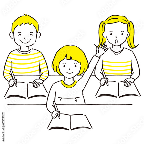 手描き1color   小学生　授業で手を上げる女の子