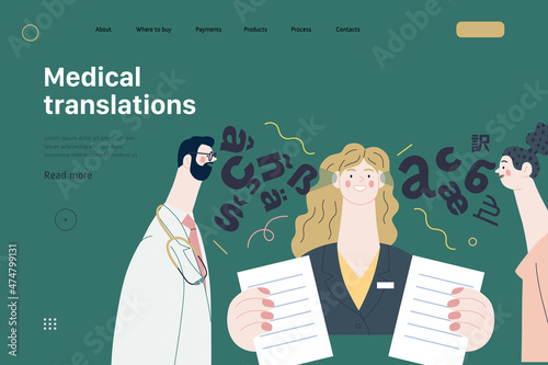 Medical translations - medical insurance web template. Modern flat vector