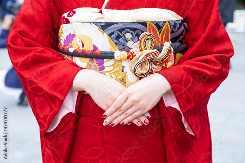 成人式　振袖　帯　和服　つまみ細工　ネイル