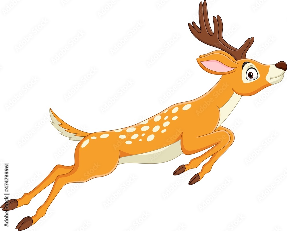 Fototapeta premium Cartoon funny deer jumping on white background
