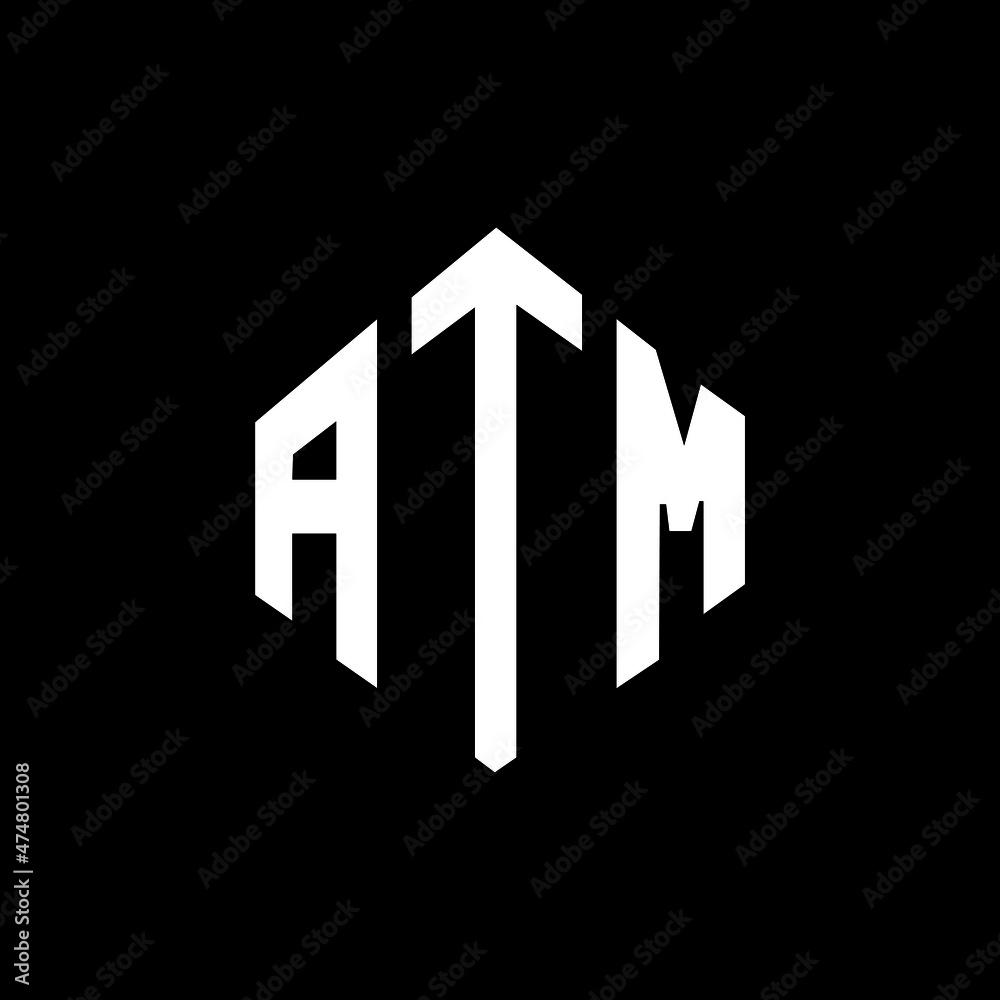 ATM letter logo design with polygon shape. ATM polygon and cube shape logo design. ATM hexagon vector logo template white and black colors. ATM monogram, business and real estate logo.
