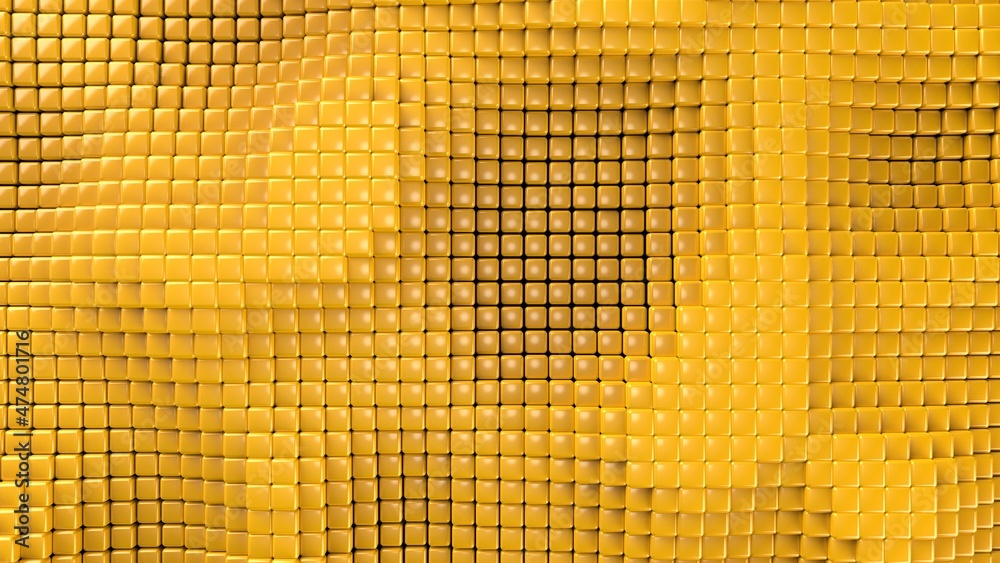 Fototapeta premium Abstract background with waves made of a lot of yellow cubes geometry primitive forms that goes up and down under black-white lighting. 3D illustration. 3D CG. High resolution.