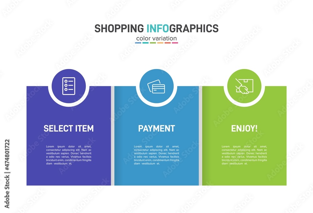 Concept of shopping process with 3 successive steps. Three colorful graphic elements. Timeline design for brochure, presentation, web site. Infographic design layout. Concept of shopping process with 3 successive steps. Three colorful graphic elements. Timeline design for brochure, presentation, web site. Infographic design layout.