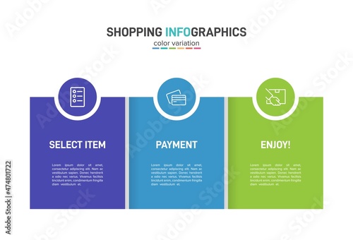 Concept of shopping process with 3 successive steps. Three colorful graphic elements. Timeline design for brochure, presentation, web site. Infographic design layout.
