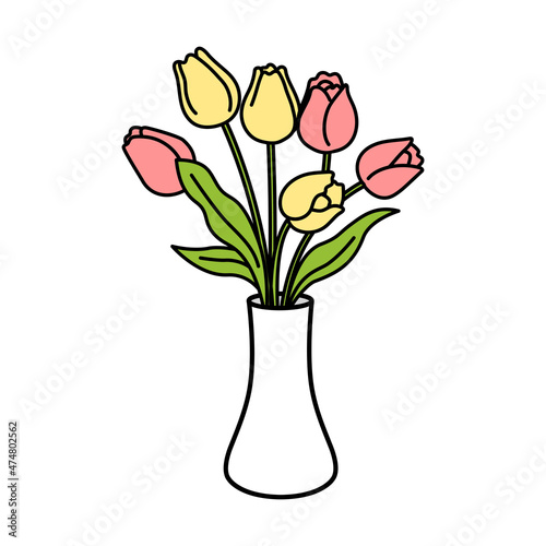 Illustration of decorating tulips in a vase.

