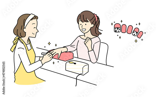 Illustration of a woman doing nails, upper body.