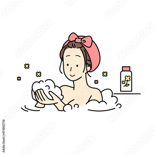 Illustration of a woman taking a bath, upper body.