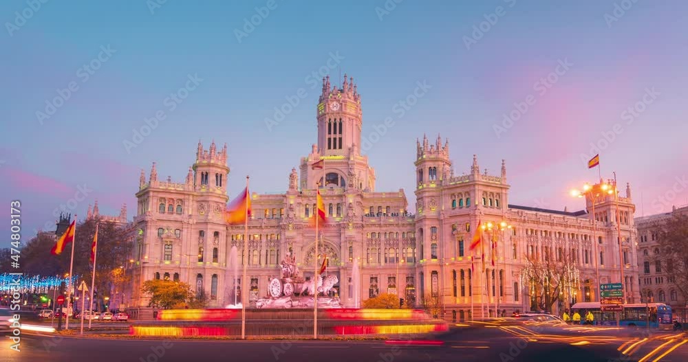 Timelapse Madrid city Hall and Cibeles fountain during sunset in winter. Christmas lights Madrid city council. Timelapse Madrid city Hall and Cibeles fountain during sunset in winter. Christmas lights Madrid city council.