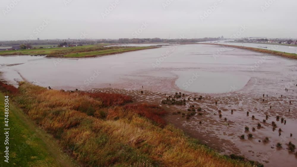 Aerial View Of Flood Plain Next To River Noord. Pedestal Down Aerial View Of Flood Plain Next To River Noord. Pedestal Down