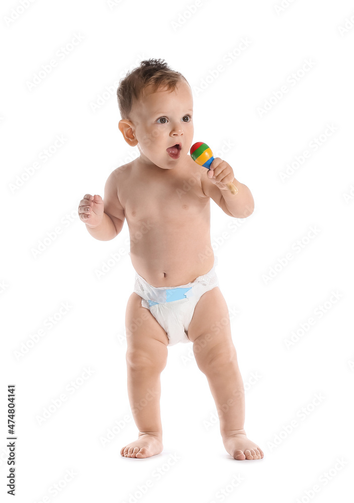Little baby boy with rattle on white background Little baby boy with rattle on white background