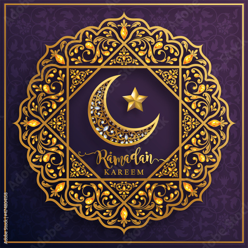 Ramadan Kareem, Ramadhan or Eid mubarak by Muslims greeting background Islamic with gold patterned and crystals on paper color background.( Translation : Ramadan Kareem )