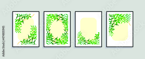Set of four wall art, canvas painting for the rooms. Tropical background with leaves. Summer poster element for interior design of office, dinning, and bed room . 