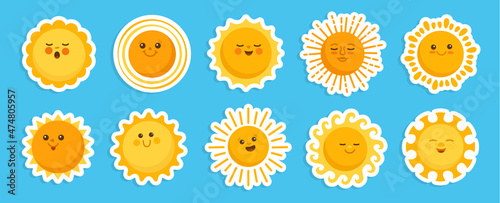 Sun emotion sticker cartoon character set. Faces summer cute yellow suns collection. Solar funny childish sunny. Smiling shine sun with sunbeams. Isolated vector clipart illustration white background