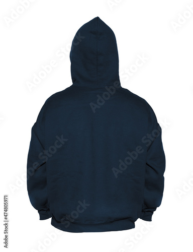 Blank hoodie sweatshirt color navy on invisible mannequin template back view on white background
