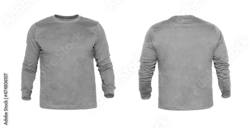 Blank long sleeve T Shirts color gray on invisible mannequin template front and back view on white background 