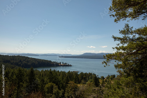 Landscape photo from Pender Island. This photo was taken from on top of a hill. There is a view of the Pacific Ocean. 