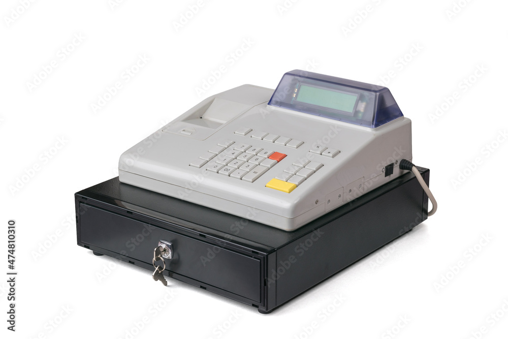 A large cash register for cash isolated on a white background. A large cash register for cash isolated on a white background.